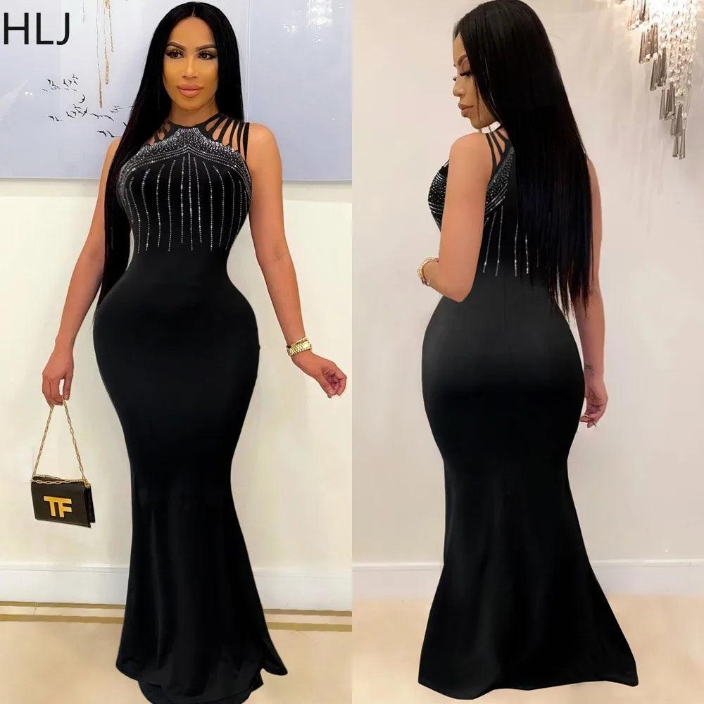 Black Fashion Luxury Rhinestone Evening Party Floor Dress Women Round Neck