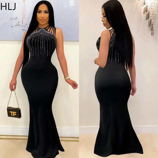 Black Fashion Luxury Rhinestone Evening Party Floor Dress Women Round Neck