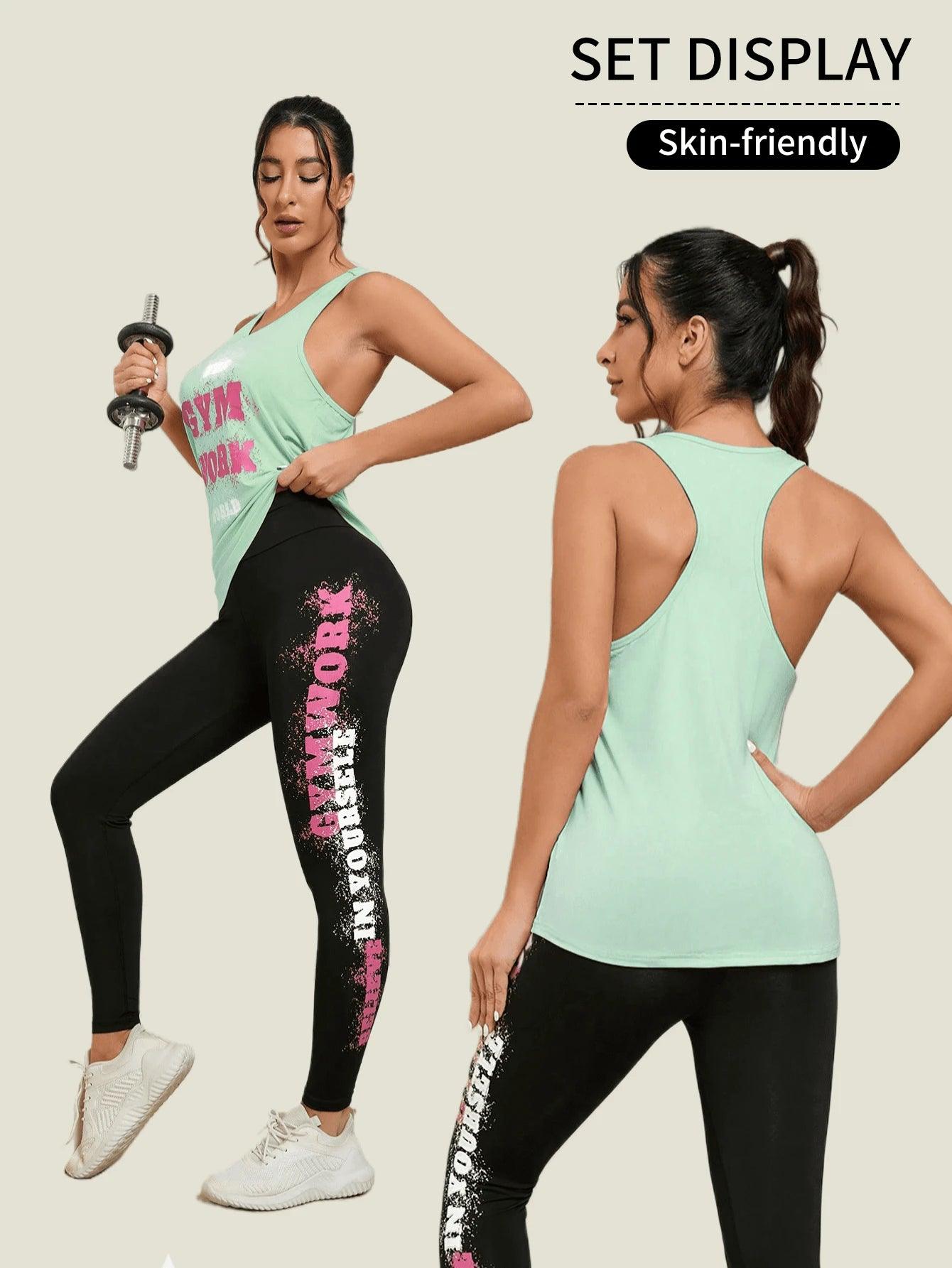 2Pcs Sports Set, Includes Car Style Top and Slogan Printed Leggings