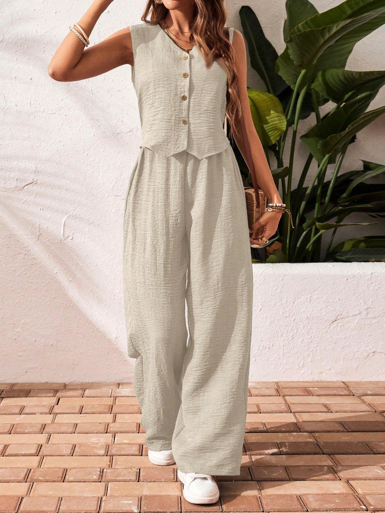 Frenchy Women'S Solid Color Front Button Sleeveless Blouse and Long Pants Casual Suit Set Fall Women Outfits Women Outfit Sets Winter Women Sets
