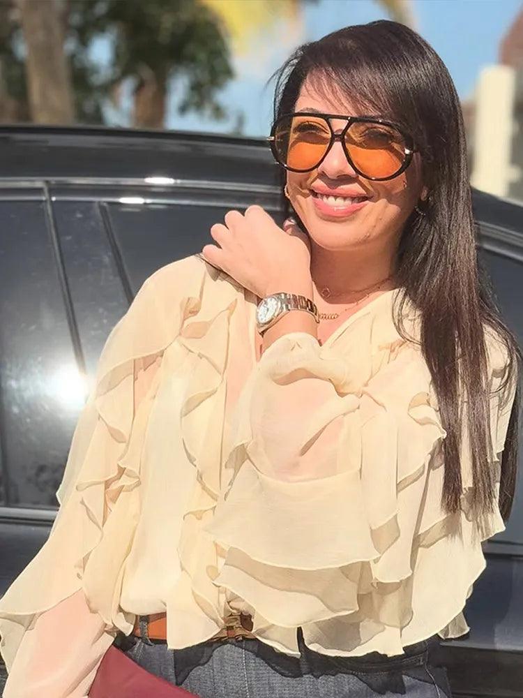 Women Ruffles Lace Up V-neck Top Female Street Tops