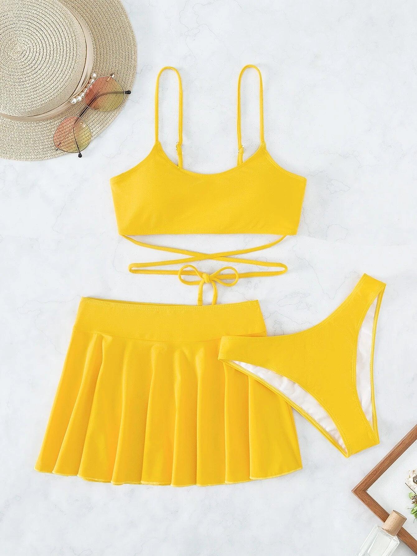 Swim Summer Beach Plain Bikini Set with Beach Skirt