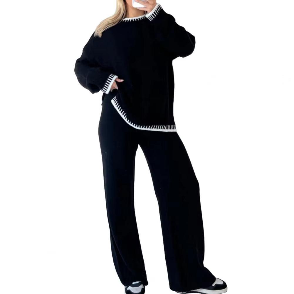 2023 Aliexpress Cross Border Long Sleeve Brown Temperament Wide Leg Pants Fashion Loose High Neck Casual Two Piece Sweater Set