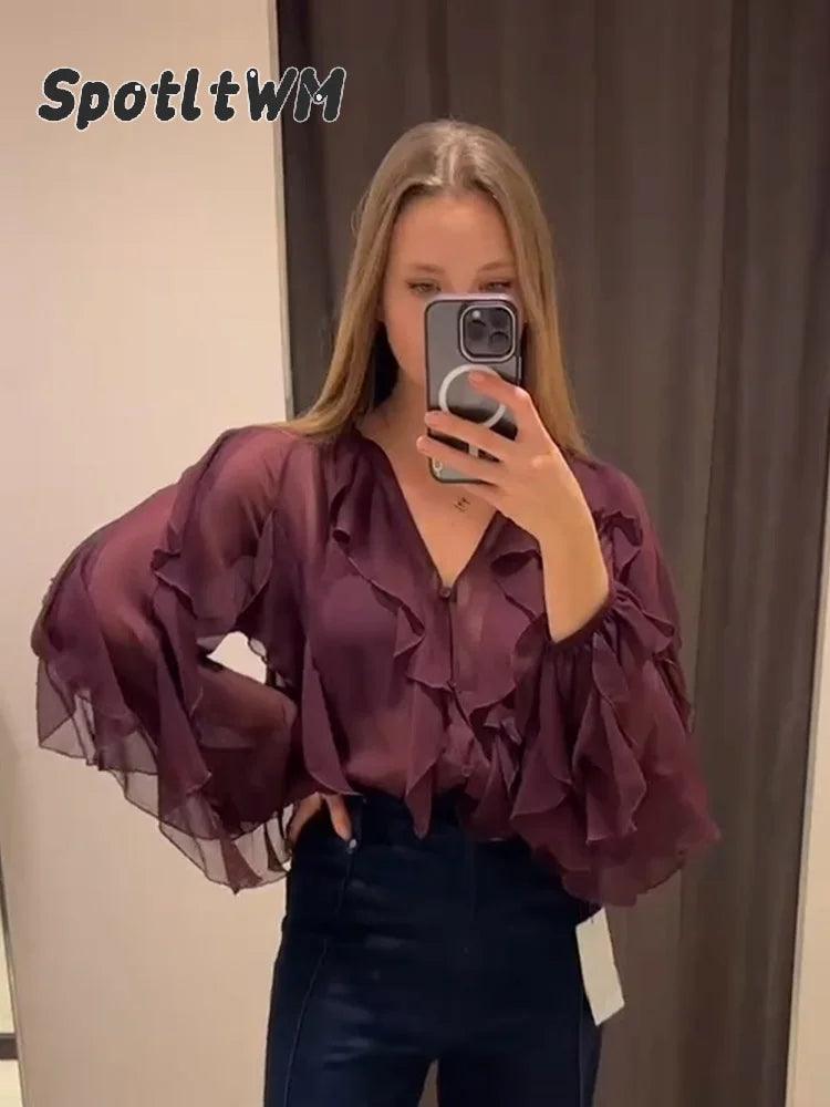 Women Ruffles Lace Up V-neck Top Female Street Tops