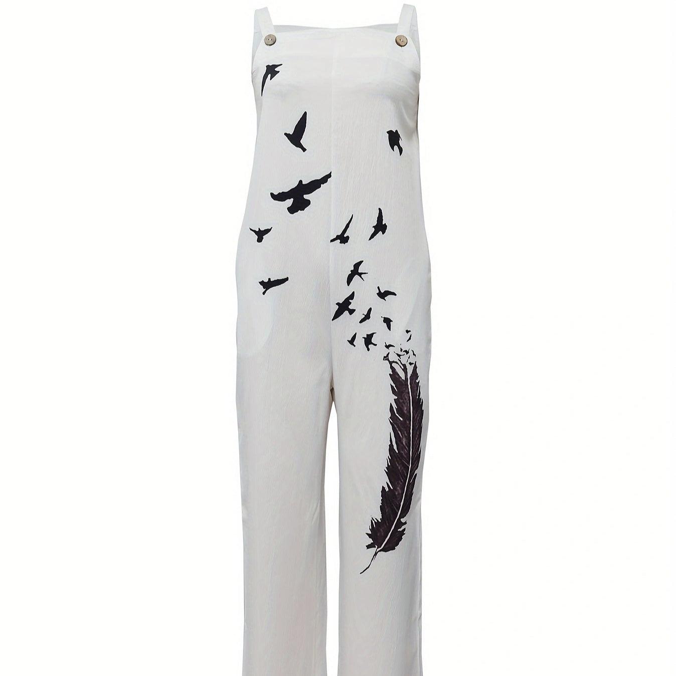 Casual Feather Print, Sleeveless Bib, Vacation Lazy Jumpsuit, Jumpsuit