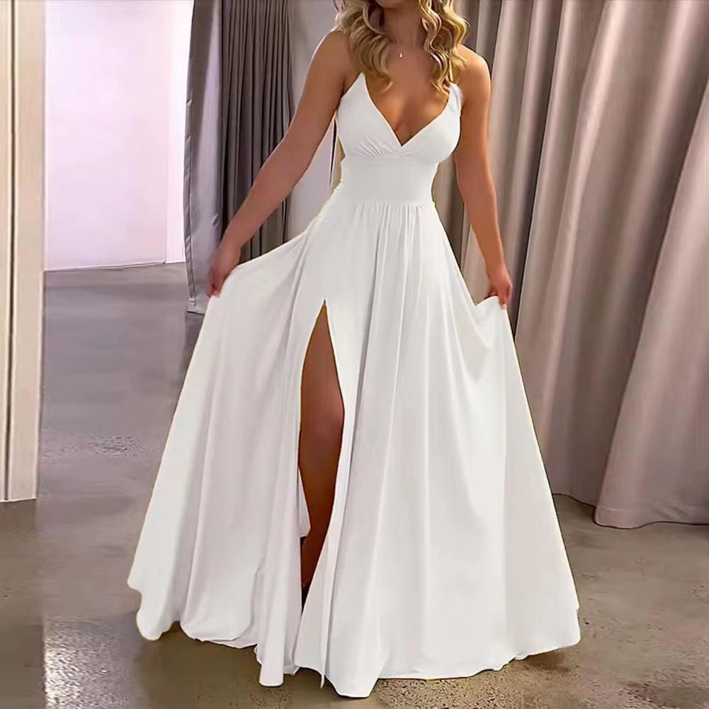 Women Ball Gown Split Hem Pleated Floor Length Evening Dress Low-Cut V Neck Backless High Waist