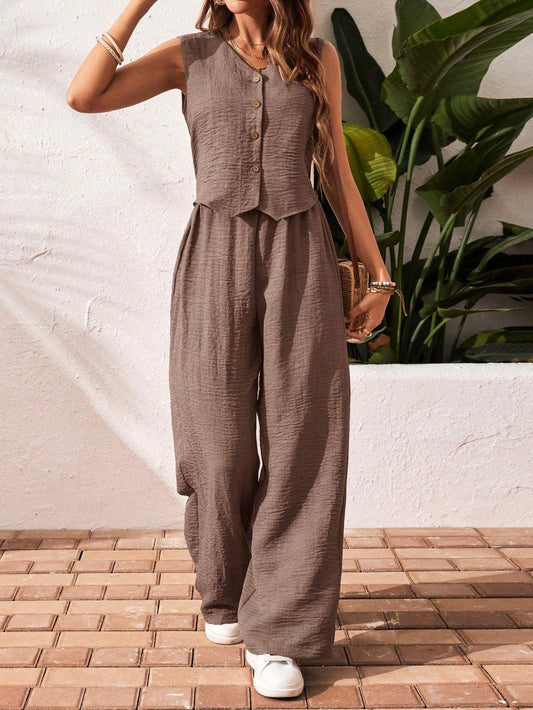 Frenchy 2Pcs/Set Vacation Casual Solid Color Button Front Top and Pants Set