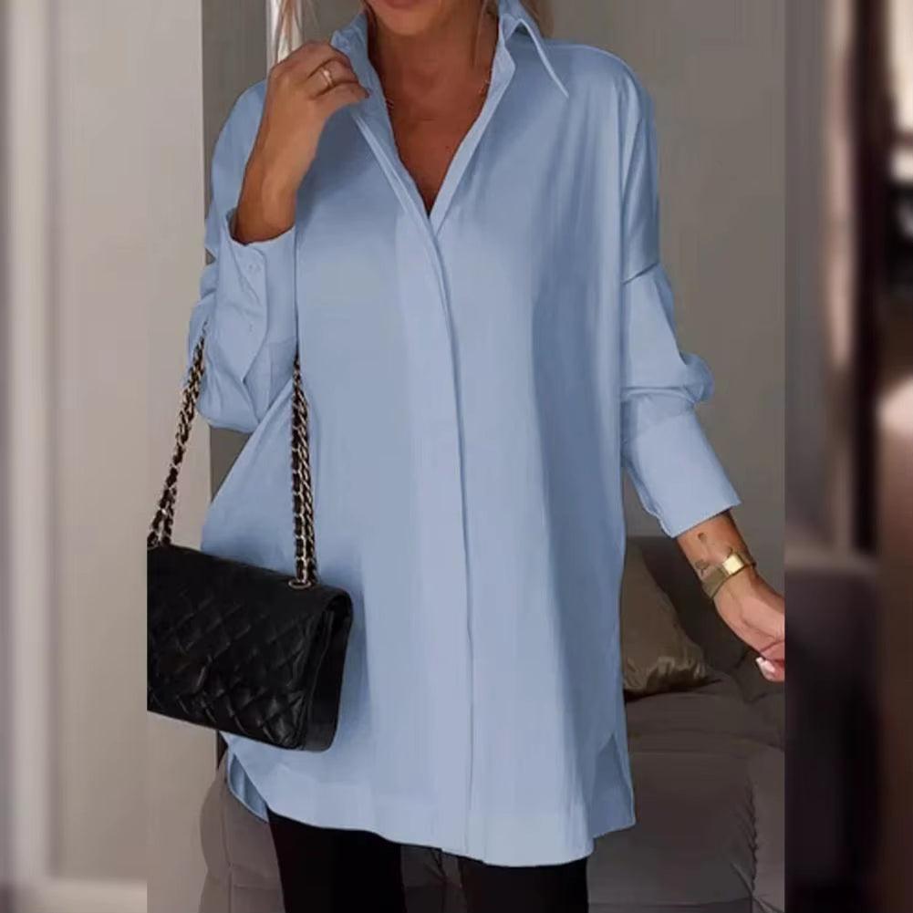 New Women'S Shirt Solid Color Casual Loose Breasted Shirt Elegant Asymmetrical Tops Tunic Solid Elegant Shirt