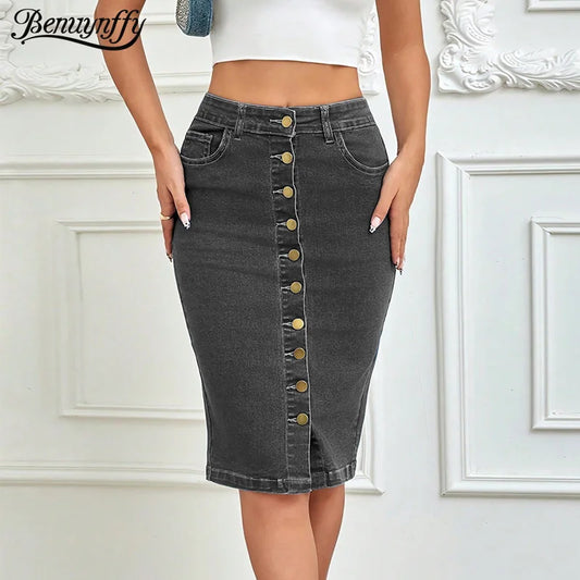 Benuynffy Streetwear Vintage Single Breasted Denim Skirt Women's