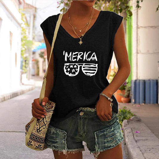 Summer Casual Top Women's Glasses Flag Letters