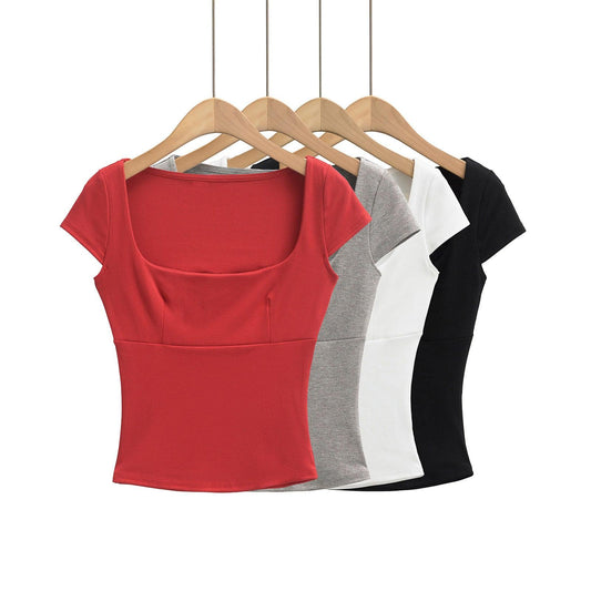 A short-sleeved T-shirt with a generous neck for women