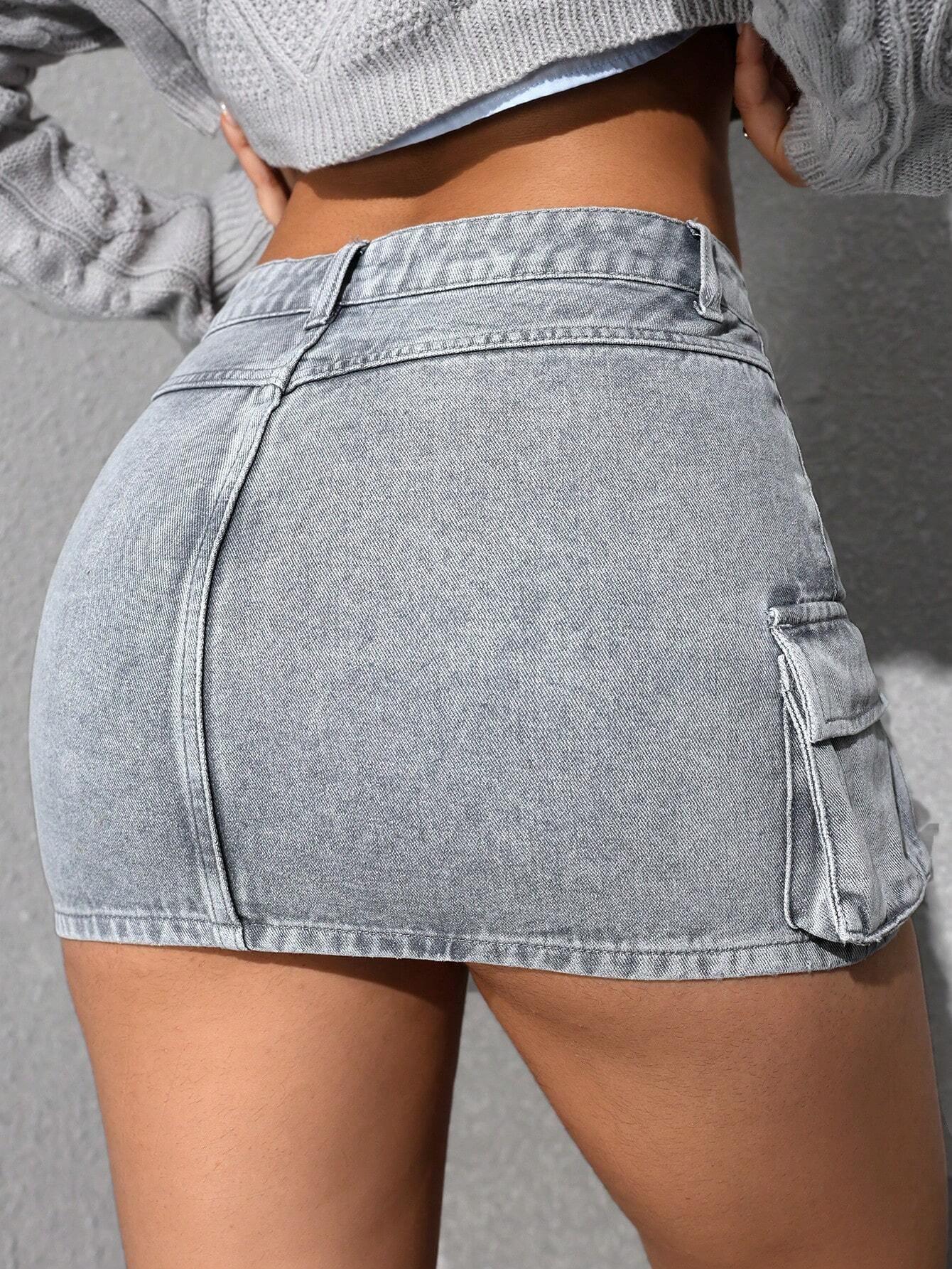 ICON Washed Fitted Mini Denim Cargo Skirt