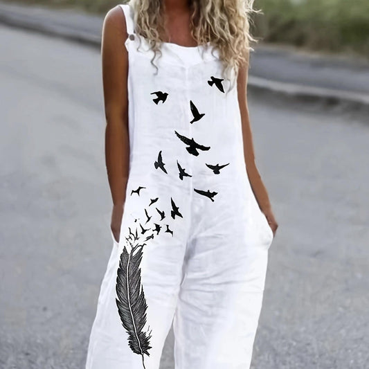 Casual Feather Print, Sleeveless Bib, Vacation Lazy Jumpsuit, Jumpsuit
