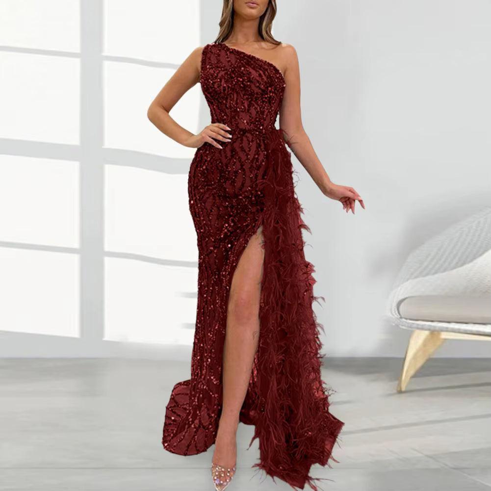 Women Bronzing Sequin Dress Elegant One Shoulder