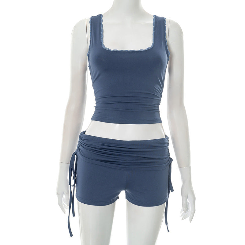 European And American Women's Lace U-neck Crop-top Spaghetti-strap Shorts Suit
