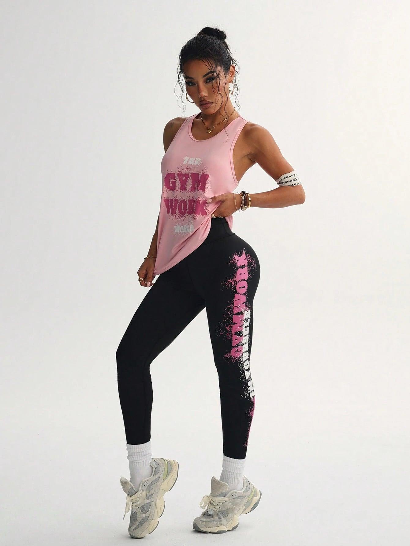 2Pcs Sports Set, Includes Car Style Top and Slogan Printed Leggings