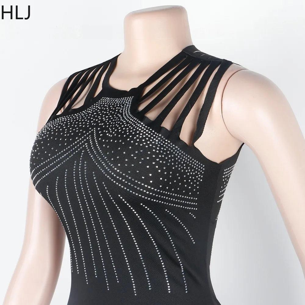 Black Fashion Luxury Rhinestone Evening Party Floor Dress Women Round Neck