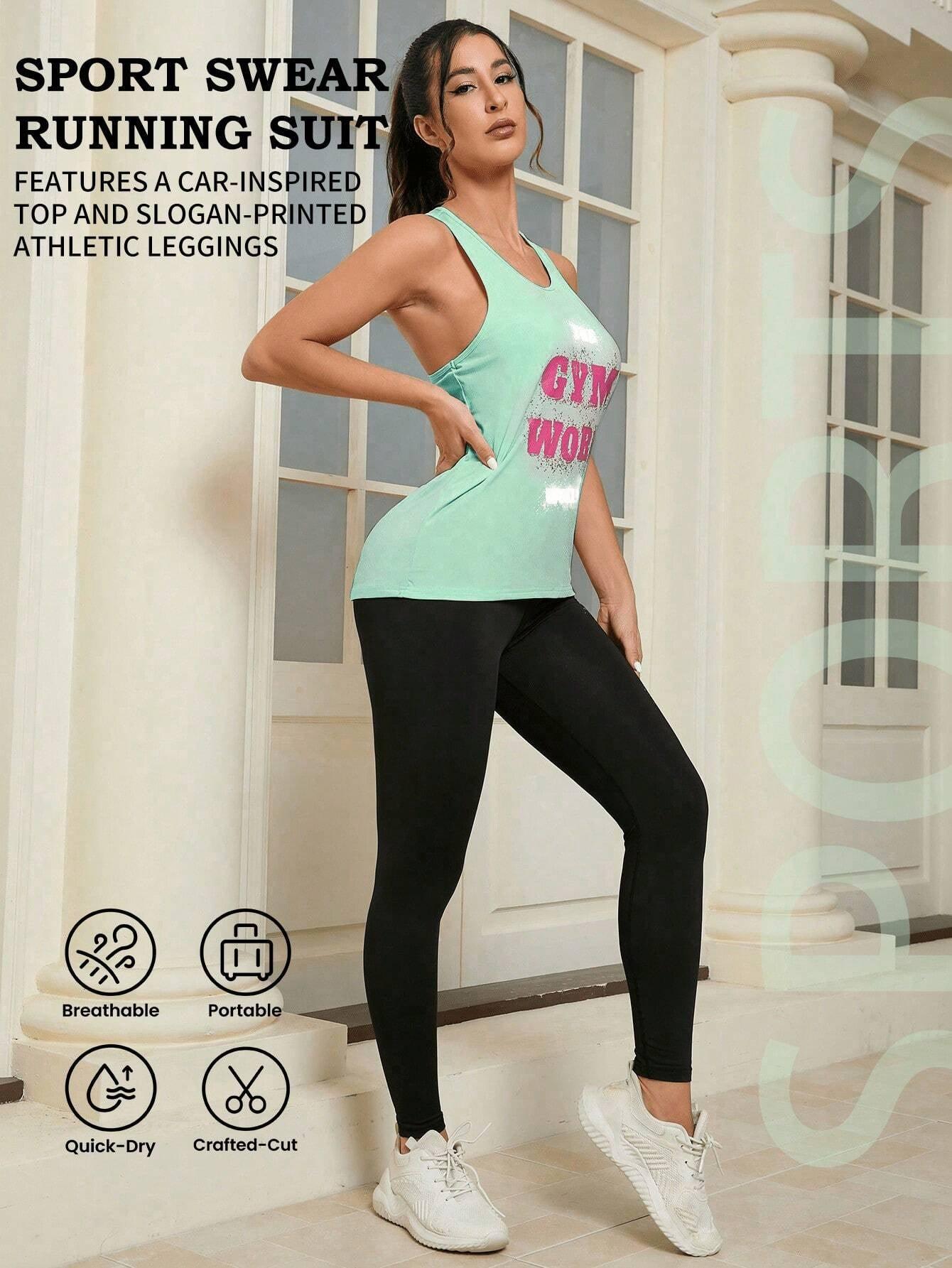 2Pcs Sports Set, Includes Car Style Top and Slogan Printed Leggings
