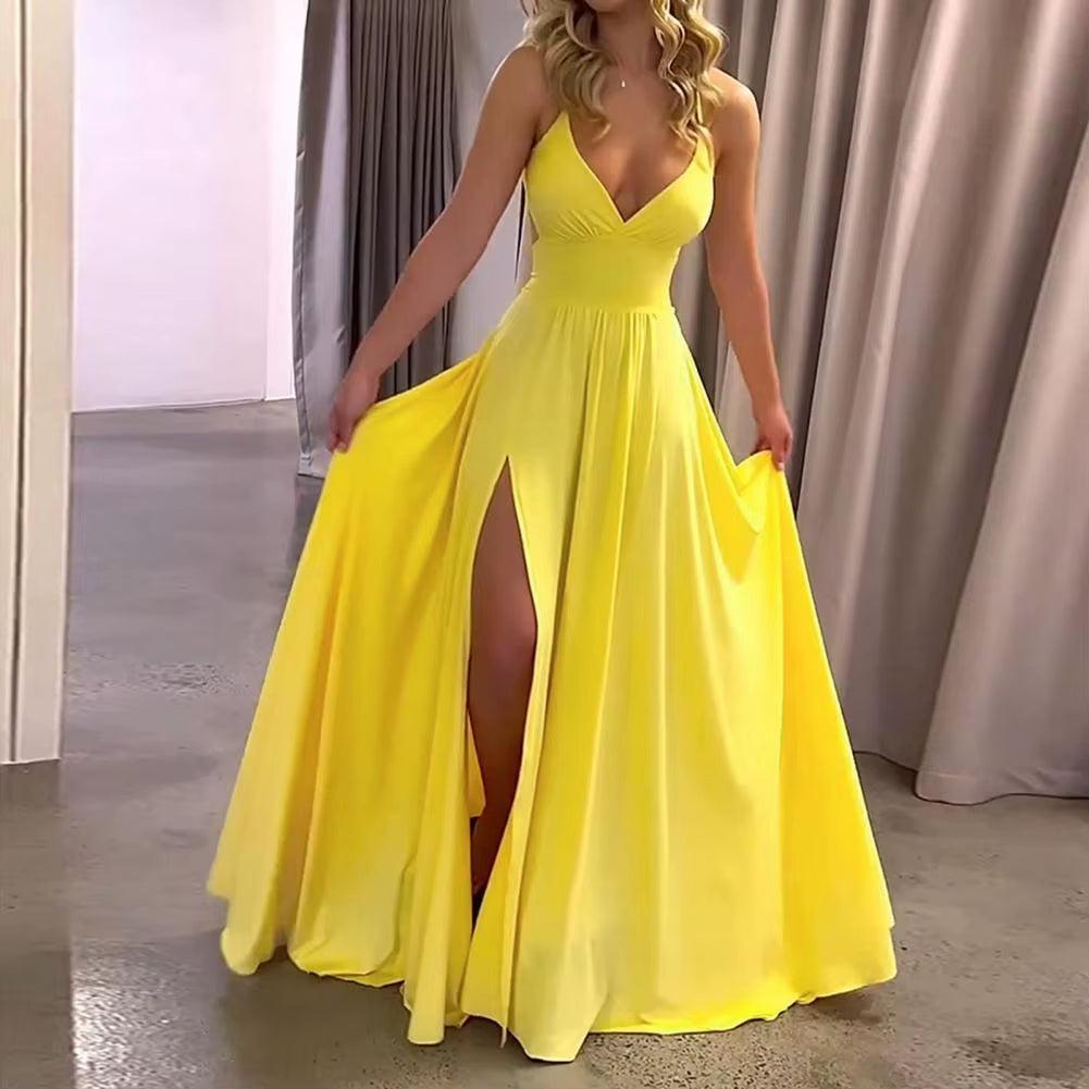 Women Ball Gown Split Hem Pleated Floor Length Evening Dress Low-Cut V Neck Backless High Waist