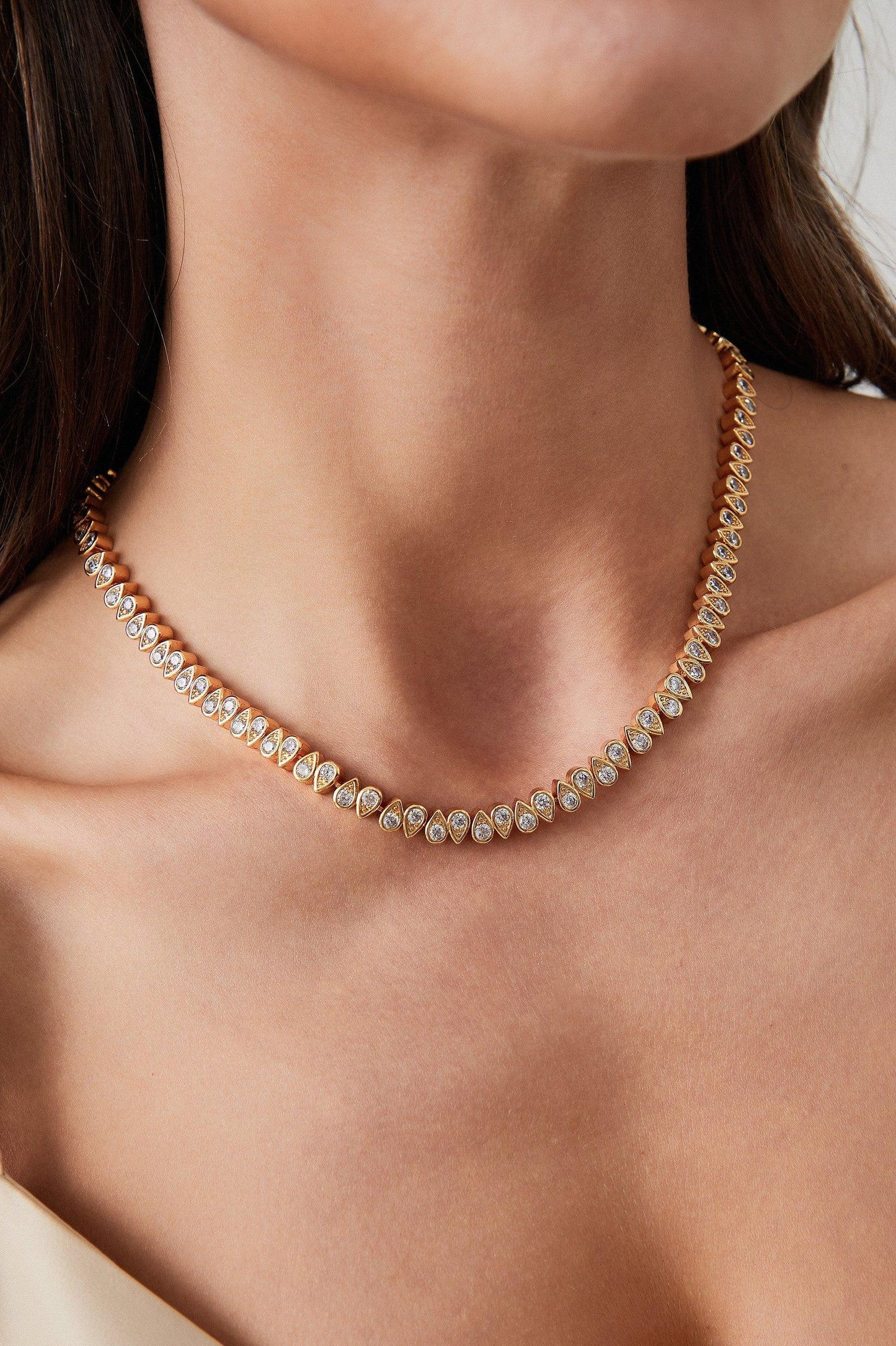 Gold Tear Shaped Zirconia Tennis Choker Necklace