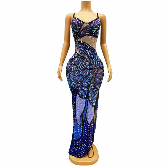 Suspender dress with sparkling diamond print fashionable slit slim fit