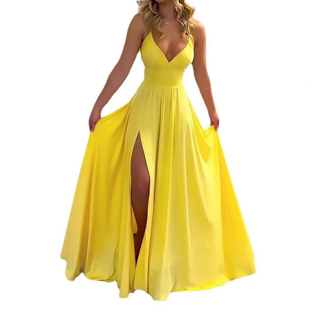 Women Maxi Dress Summer Fashion Suspender Solid Sleeveless off Shoulder Low-Cut V Neck Slit Slim 