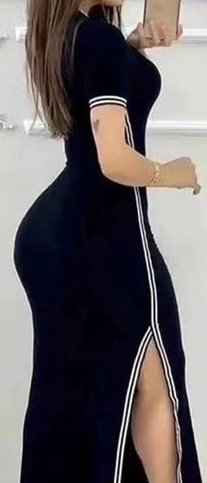 Womens DressesSummer Fashion Striped High Slit Casual O-Neck Short Sleeve Daily Skinny Maxi a Line Dress Woman Clothing