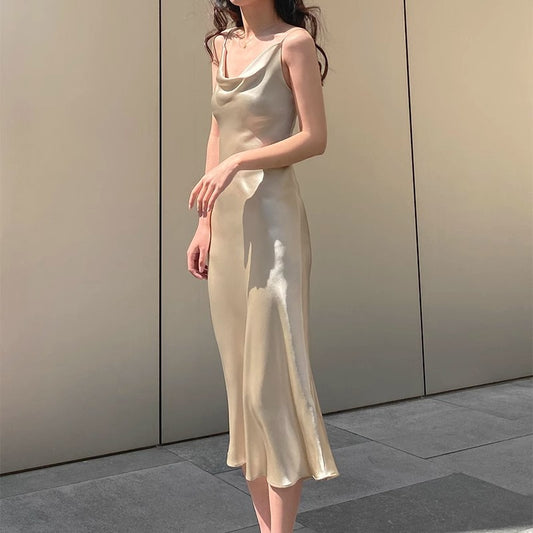 Acetate silk satin swing neck halter dress Summer