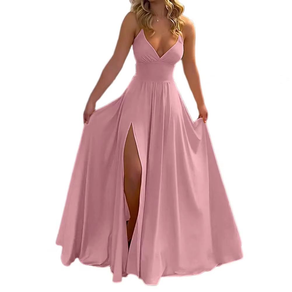 Women Maxi Dress Summer Fashion Suspender Solid Sleeveless off Shoulder Low-Cut V Neck Slit Slim 