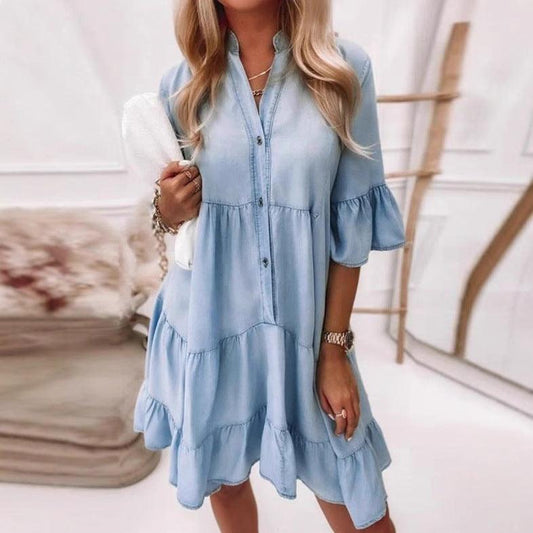 Washed Cotton Half Sleeve Mid-length Denim Dress