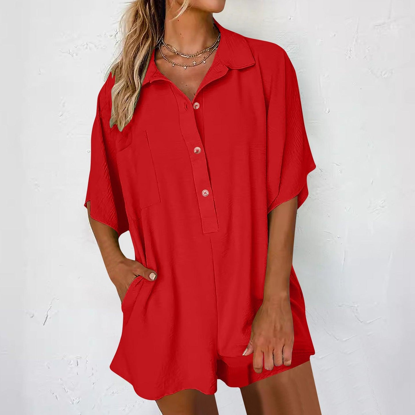 jumpsuit button pocket three-quarter shorts