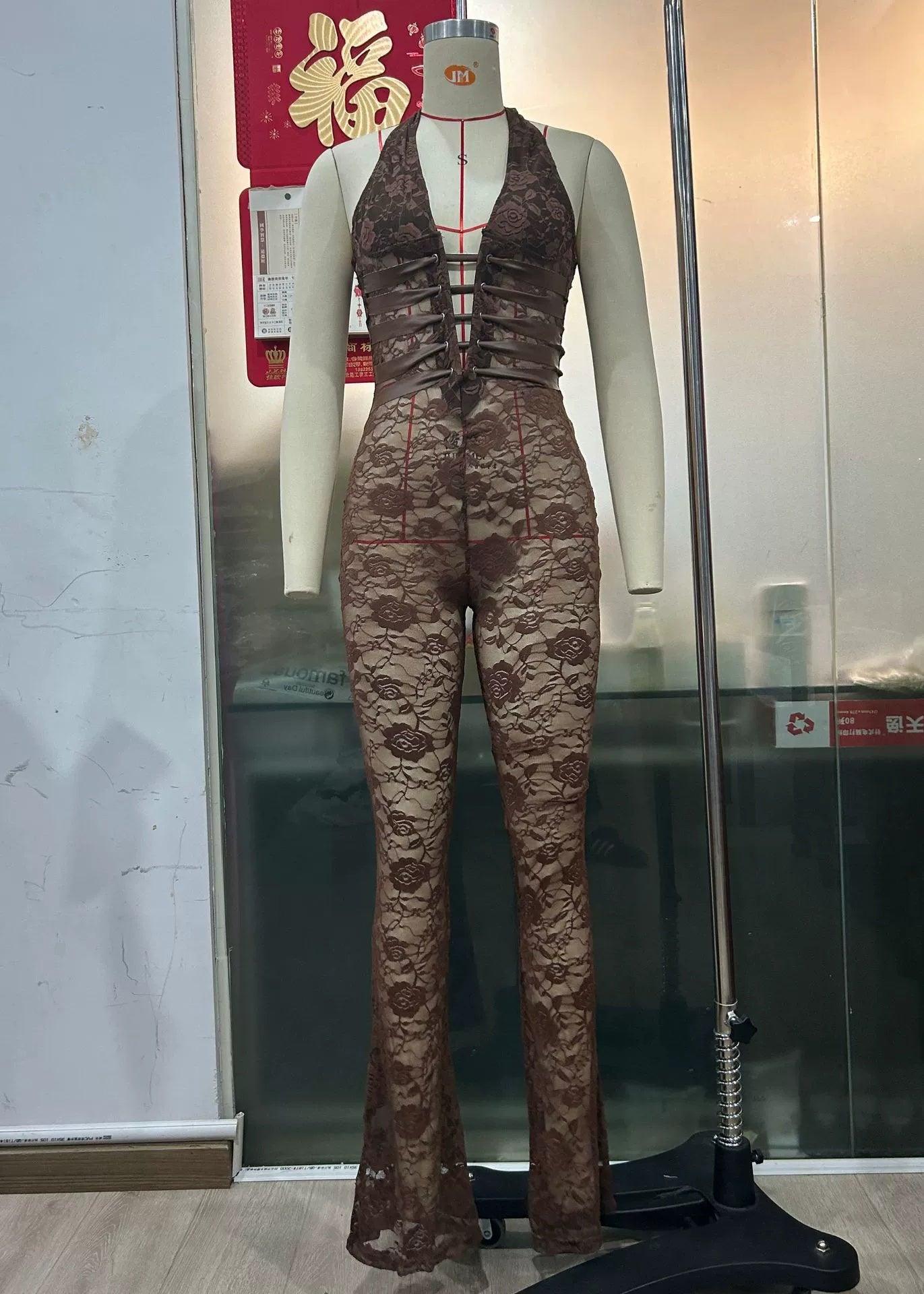Lash Rope Lace up Slim Fit Jumpsuit See-Through