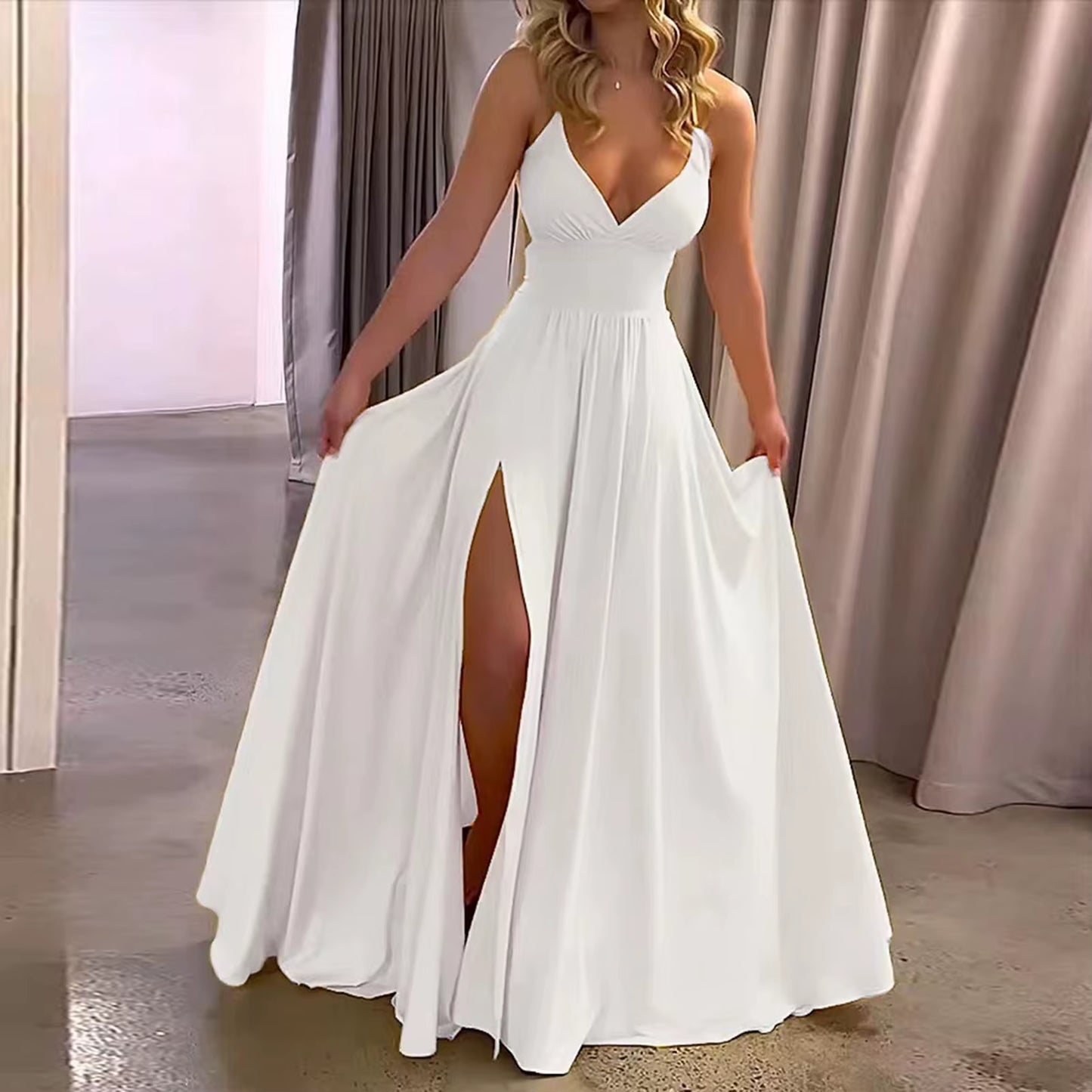 Women Maxi Dress Summer Fashion Suspender Solid Sleeveless off Shoulder Low-Cut V Neck Slit Slim 