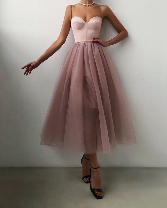 Pure Color Mesh French Retro Dress