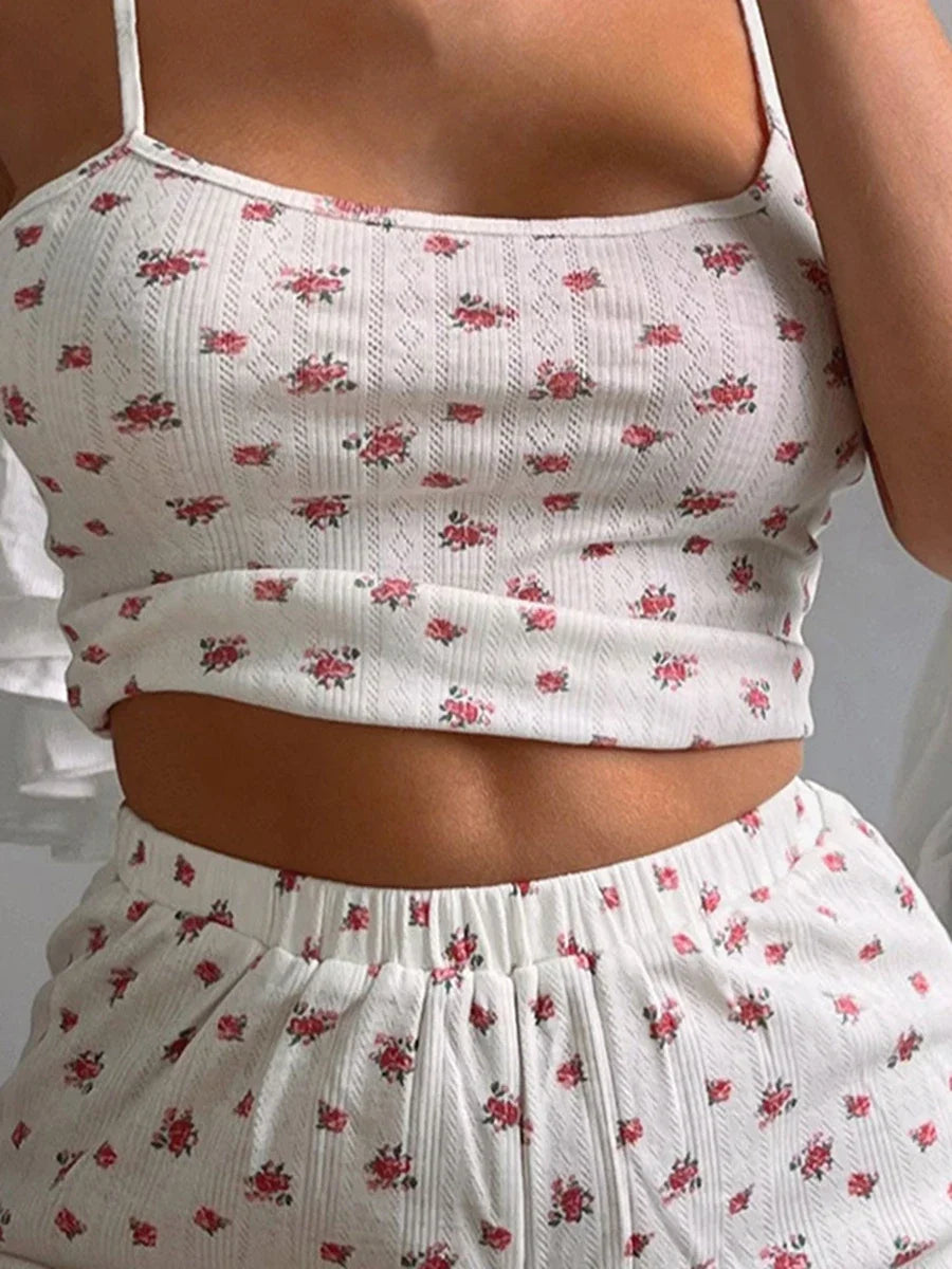 Two Piece Set Floral Print Sleeveless Cami Crop Tops Elastic Waist Shorts Pajama