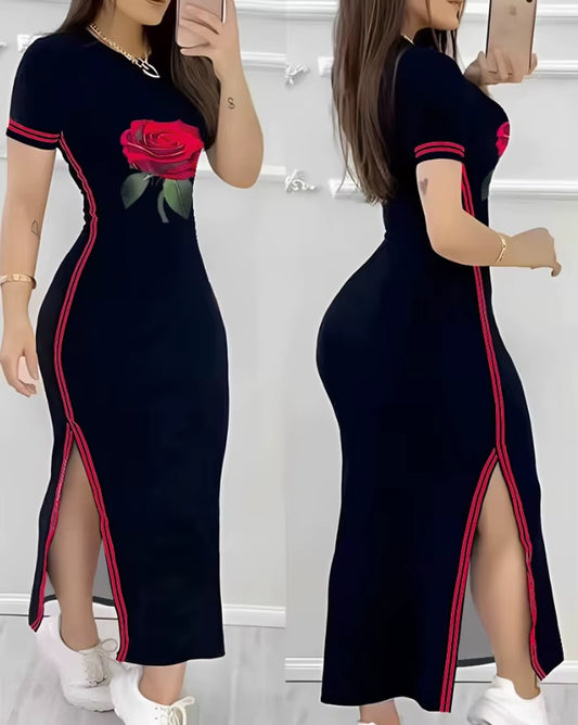 Womens DressesSummer Fashion Striped High Slit Casual O-Neck Short Sleeve Daily Skinny Maxi a Line Dress Woman Clothing