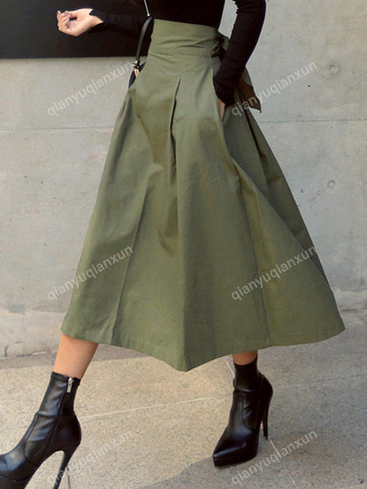 New A-Line Skirt Umbrella Skirt Bow Women Day Big Swing Skirt Slim Waist Long Skirt Europe and the United States Four Seasons Fashion with All Solid Color Women Skirt