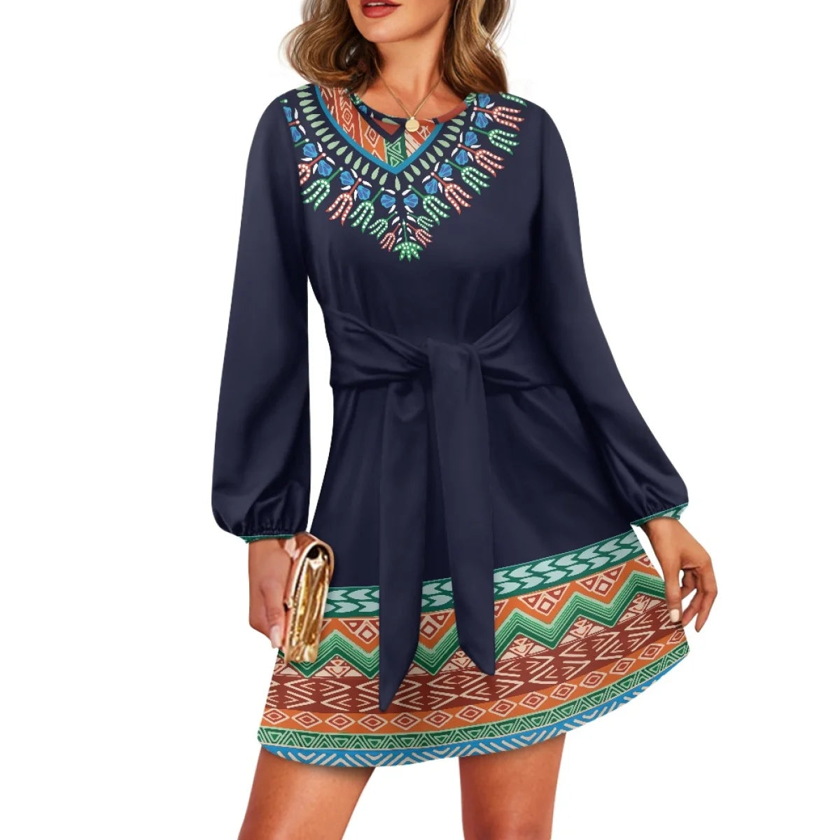 O neck women trumpet sleeve dress Polynesian tropical style women formal elegant evening dress 2025