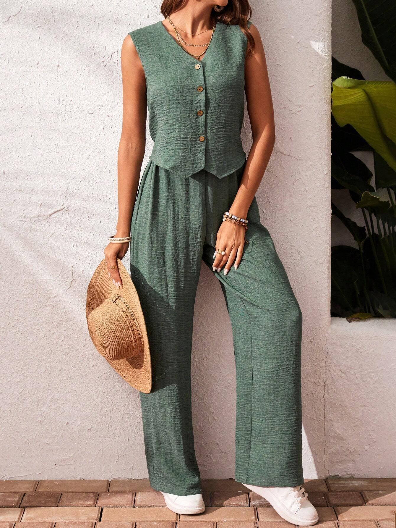 Frenchy Women'S Solid Color Front Button Sleeveless Blouse and Long Pants Casual Suit Set Fall Women Outfits Women Outfit Sets Winter Women Sets