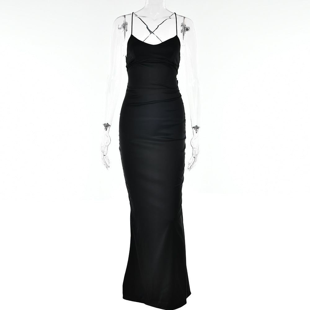 Women's  ribbon satin dress fall new fashion halter strap waist full skirt