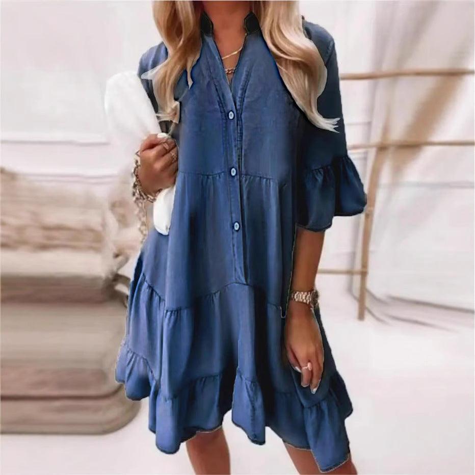 Washed Cotton Half Sleeve Mid-length Denim Dress