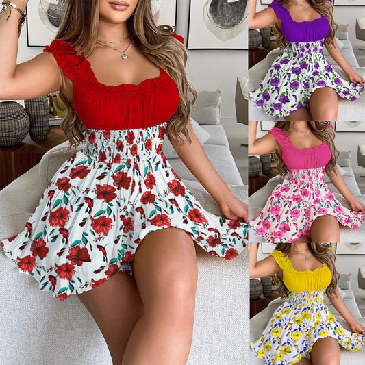 Women's Fashion Flower Contrast Color Waist Thin Dress