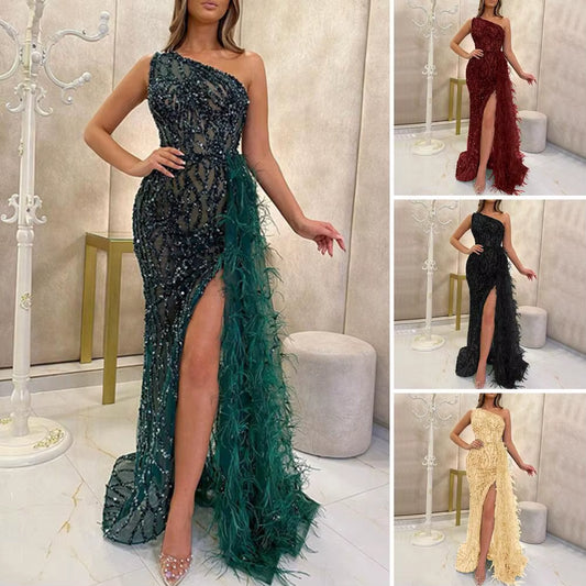 Women Bronzing Sequin Dress Elegant One Shoulder 