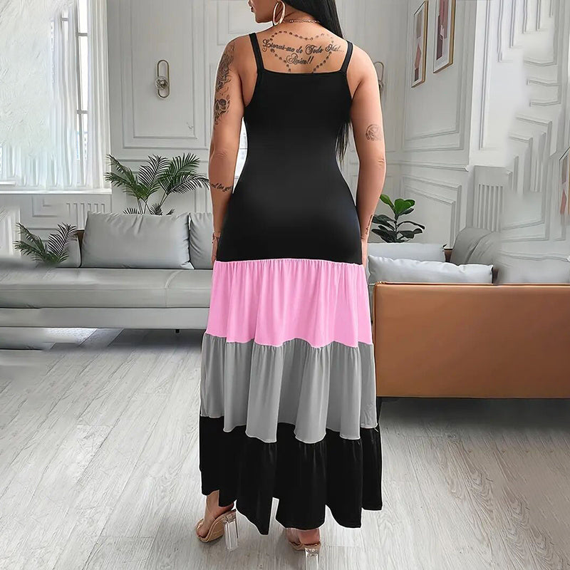 Women's Summer Casual Sleeveless V Neck Color Block Spaghetti Strap Maxi Long Dress