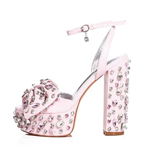 Colored Gems Pink Platform Sandals With Bowknot Women Sparkly High Block Heels Shoes