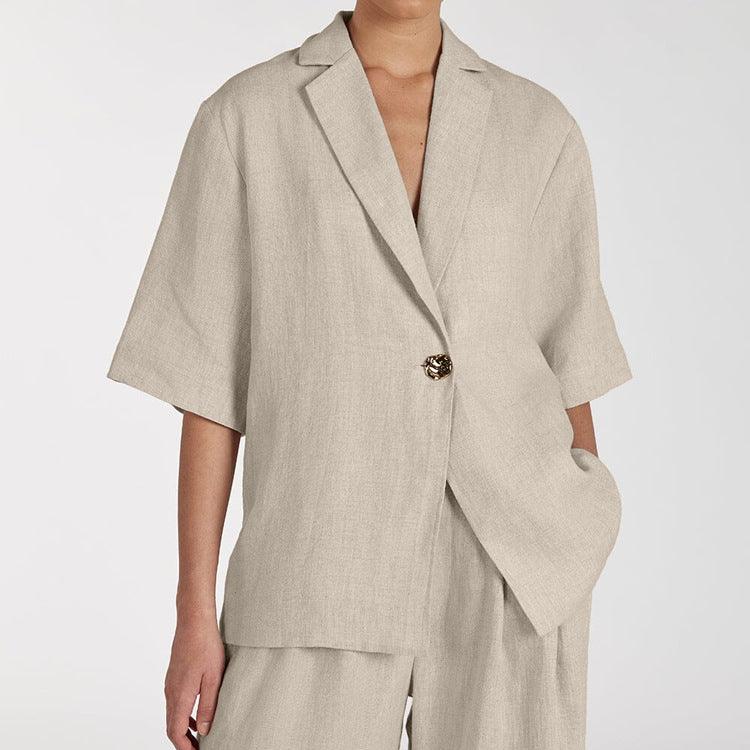 Linen Commuter Lapel Half Sleeve Cardigan Top Loose Wide Leg Pants Two-piece Set