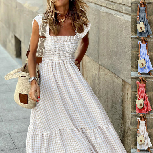 Summer Plaid Print Pleated Ruffle Dress Sleeveless A-line Swing Beach Dress