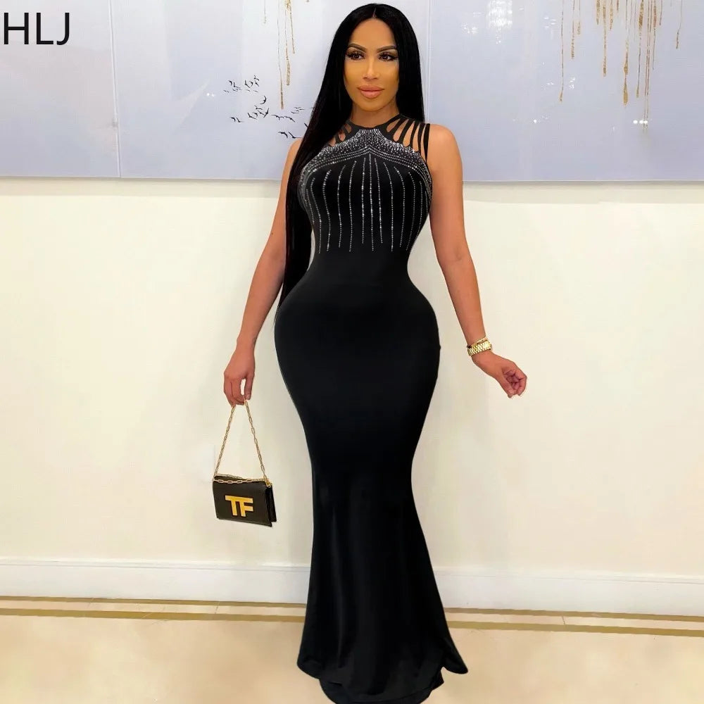 Black Fashion Luxury Rhinestone Evening Party Floor Dress Women Round Neck