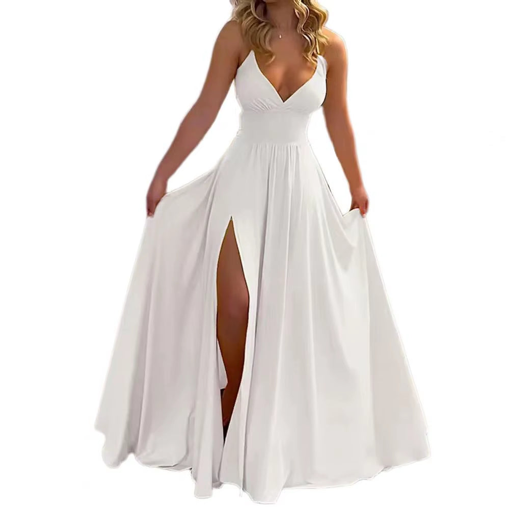 Women Maxi Dress Summer Fashion Suspender Solid Sleeveless off Shoulder Low-Cut V Neck Slit Slim 