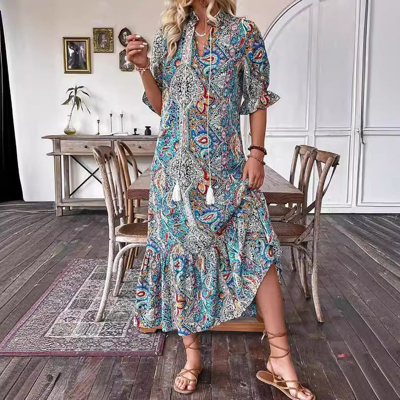 Sommerkleid Damen - Elegantes V-Ausschnitt Blumenmuster für warme Tage